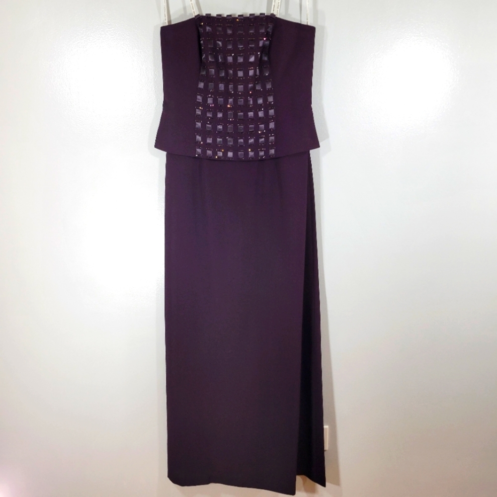 DAYMOR COUTURE plum long strapless overlay formal evening occasion dress gown